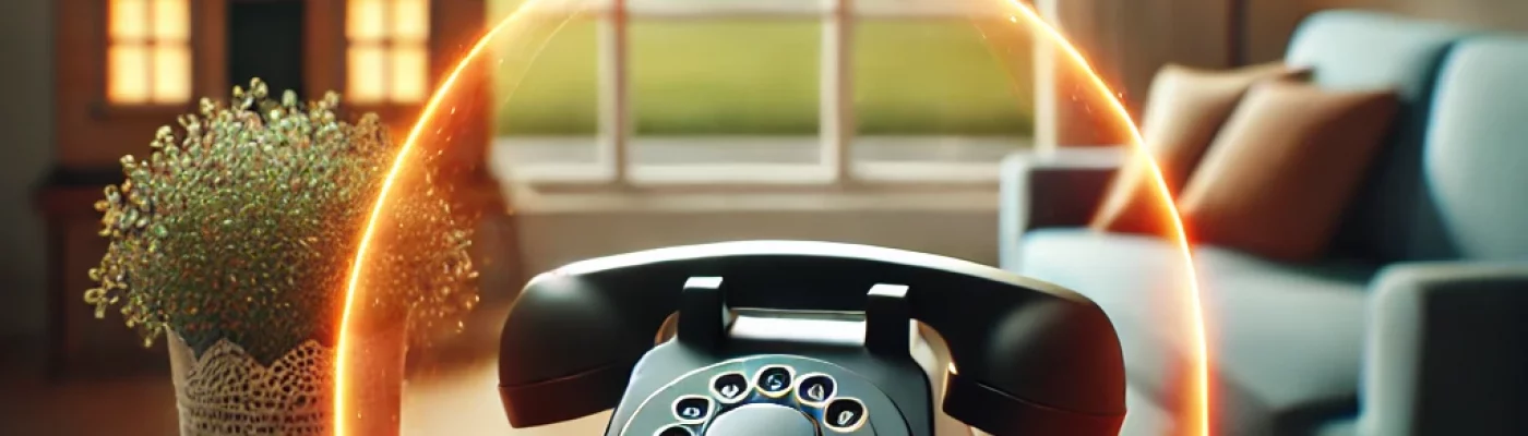 A telephone resting on a table, surrounded by a glowing barrier