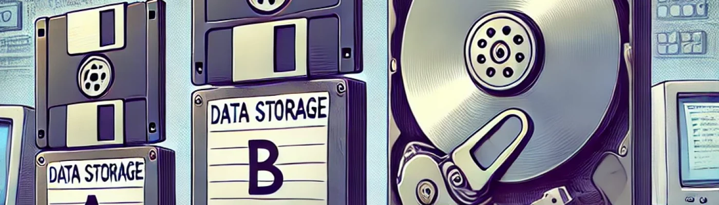 An illustration depicting the evolution of data storage in computing history. The image features floppy disks labeled A and B alongside a modern hard