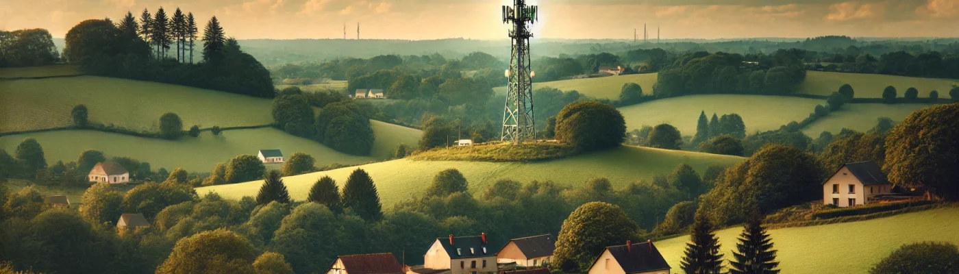 a telecommunications tower at the center. Rolling green hills